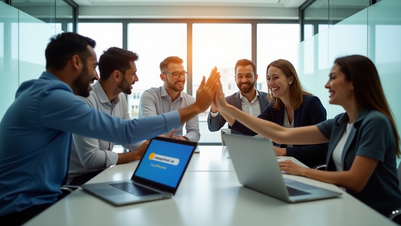 Equipo de profesionales celebrando la recuperación exitosa de datos críticos