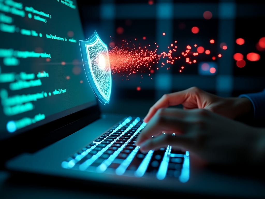 Visualización conceptual de protección cibernética con escudo de luz protegiendo datos