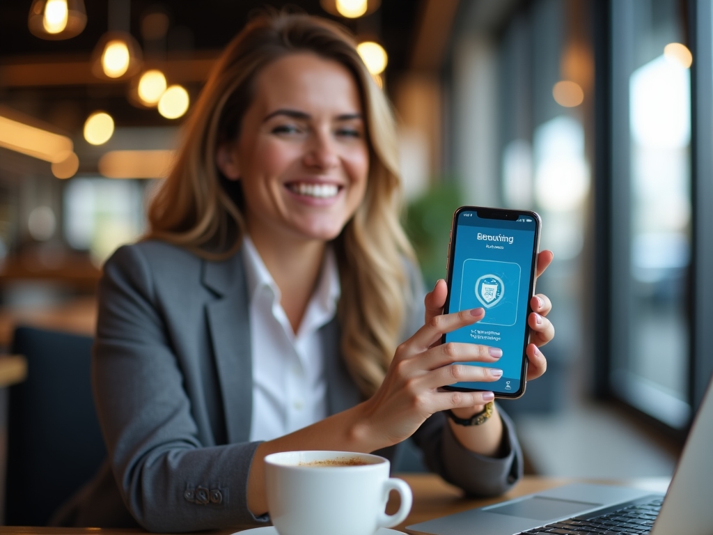 Profesional utilizando la aplicación móvil de Myscheduledh-l en un café