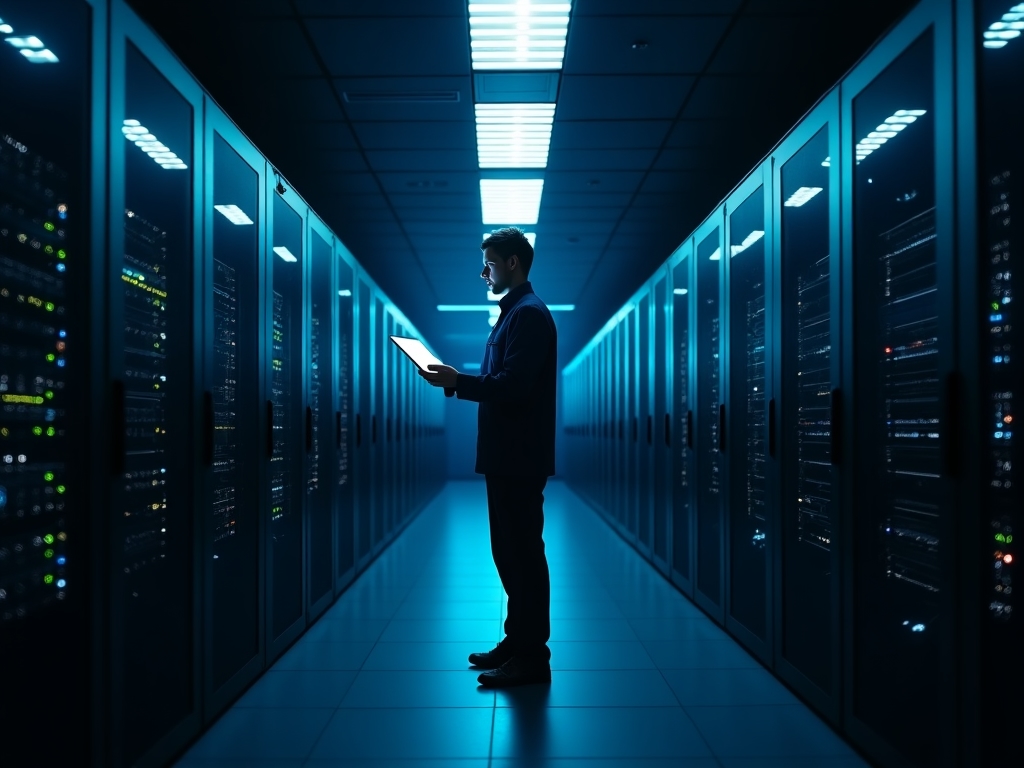 Sala de servidores moderna con técnico realizando mantenimiento