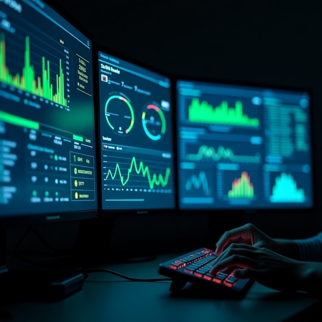 Dashboard tecnológico mostrando interfaces de monitoreo de datos en tiempo real